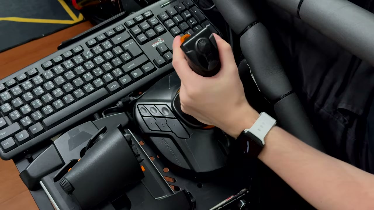 Thomas demonstrating the twist axis on a Thrustmaster T.16000M